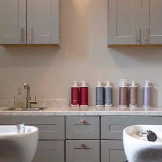 A marble counter with salon shampoo and conditioner bottles